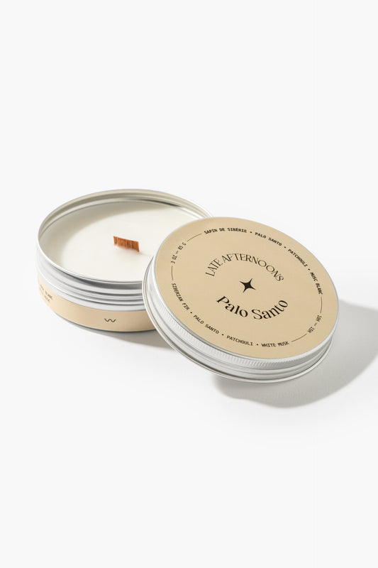 Palo Santo 3 oz tin candle with wooden wick by Late Afternoons