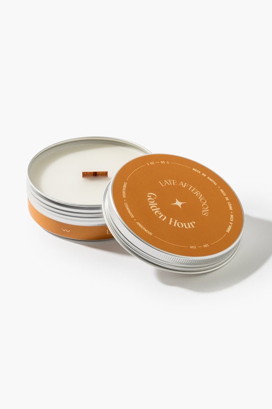 Bougie Golden Hour en pot de 3 oz, couvercle ambre et mèche de bois, Late Afternoons