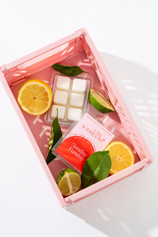 Sunday Funday wax melts in a pink crate with orange and lime slices, Late Afternoons