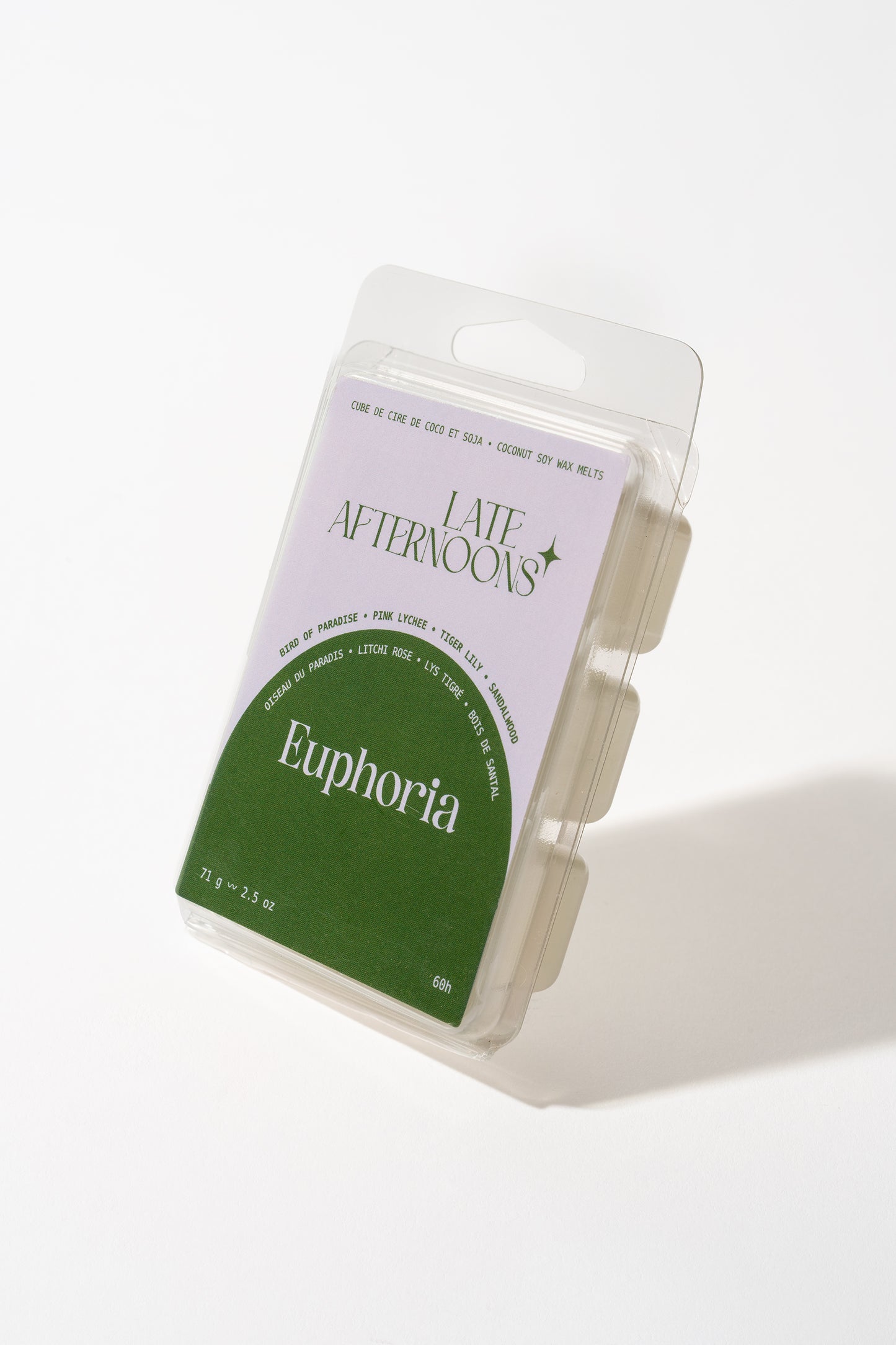 Packaged product with 'Late Afternoons' branding on a white background