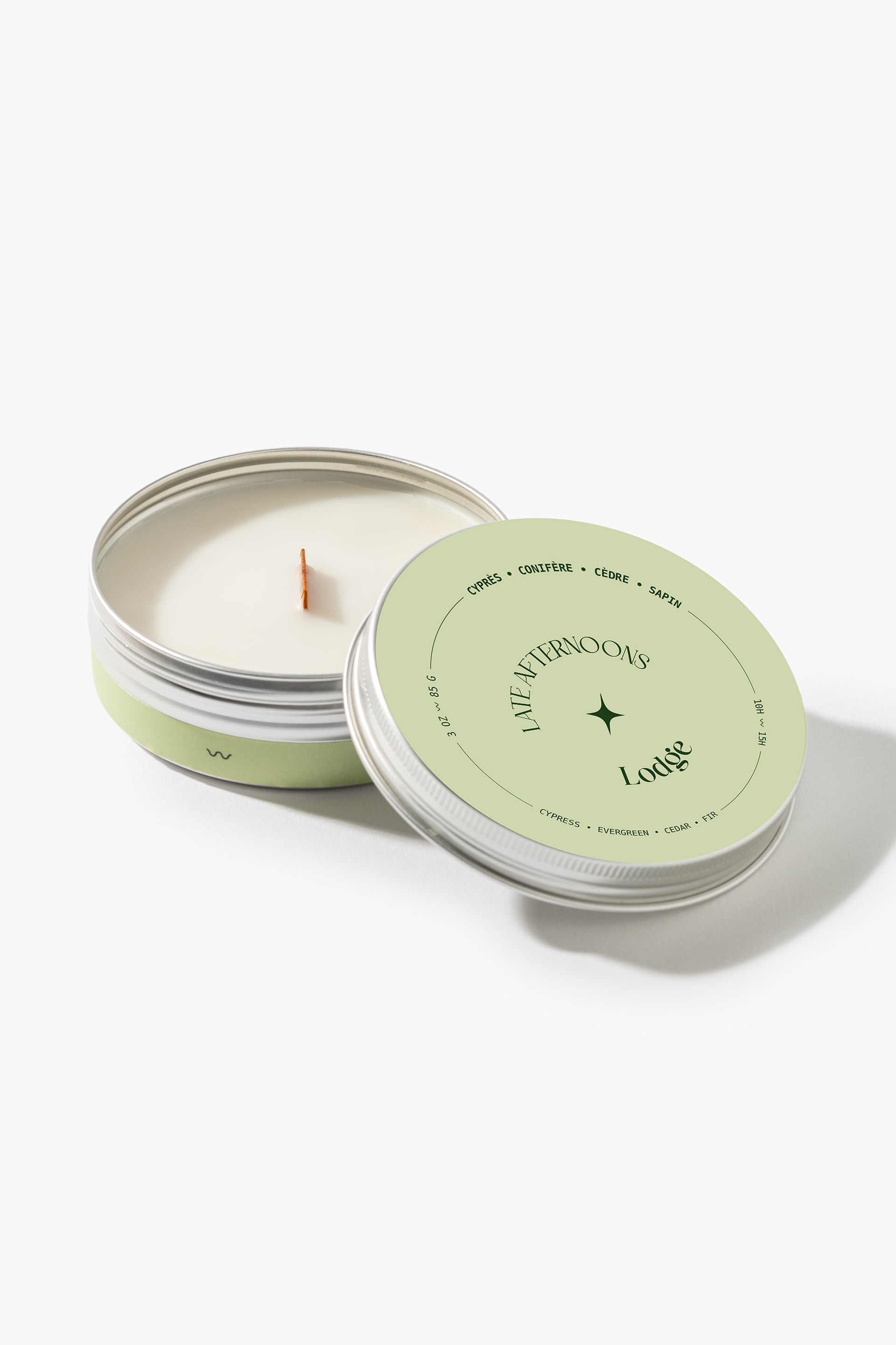 Lodge 3 oz tin candle with wooden wick by Late Afternoons