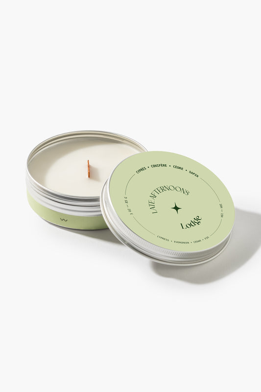 Lodge 3 oz tin candle with wooden wick by Late Afternoons