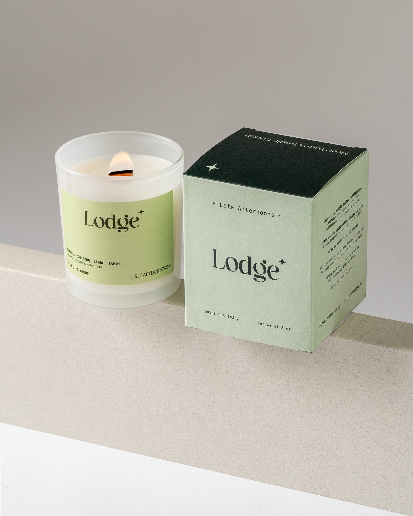 Lodge 5 oz candle with packaging box by Late Afternoons