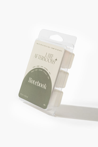 Notebook coconut soy wax melts — Peach, Plum, Leather, Musk — Late Afternoons