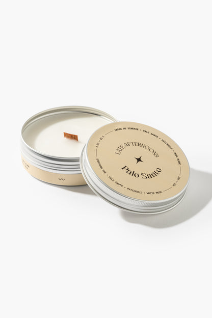 Palo Santo 3 oz tin candle with wooden wick by Late Afternoons