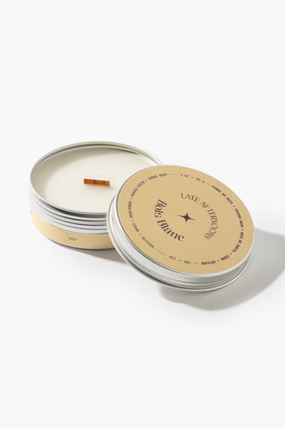 Bois Blanc 3 oz tin candle with a cream lid and wooden wick by Late Afternoons