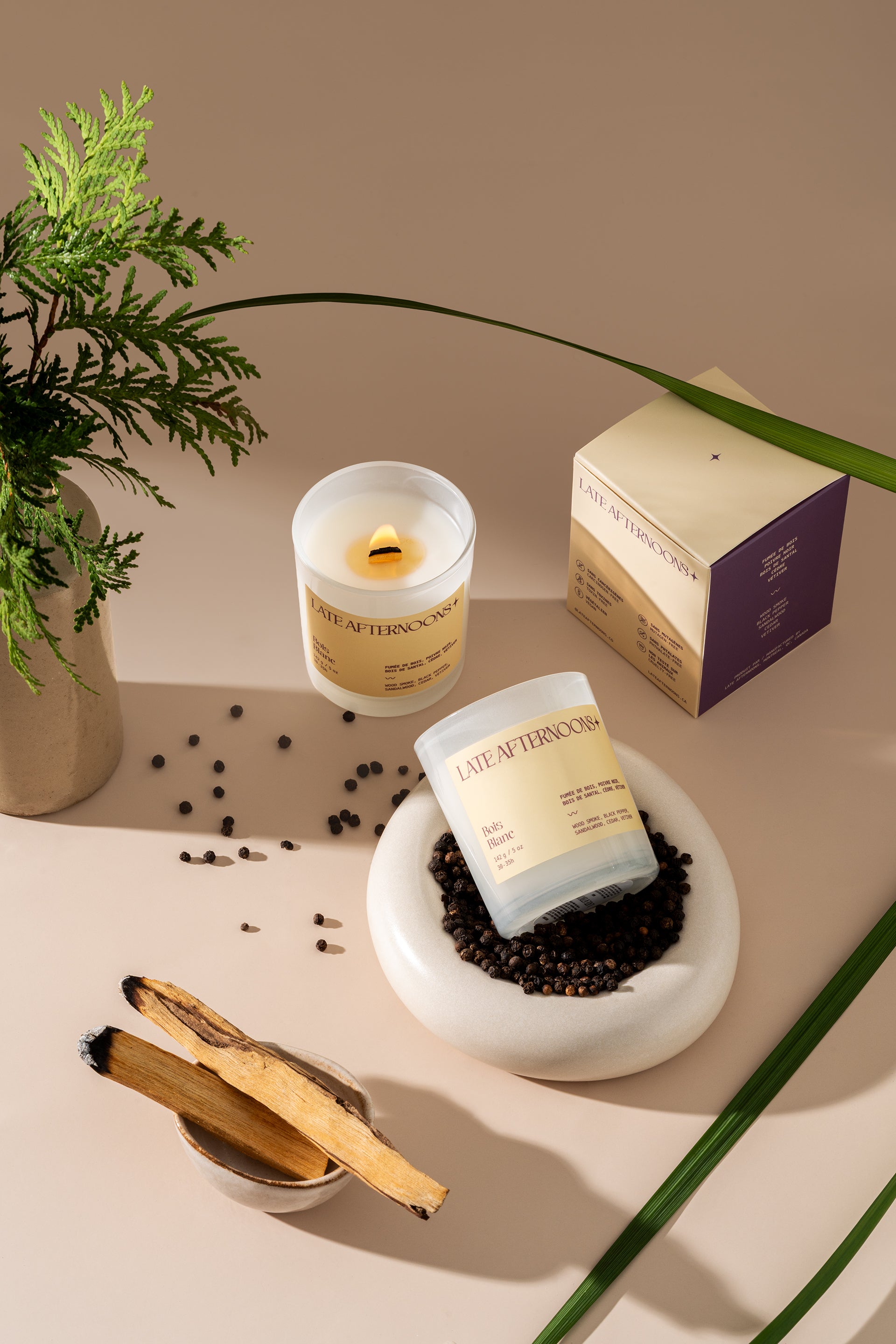 Bois Blanc candle lit with a cedar branch, black peppercorns and palo santo sticks