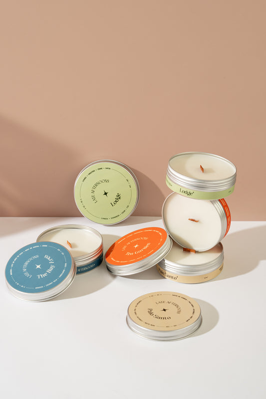 Ensemble Essentials de quatre bougies 3 oz en pot, Lodge, Tea Garden, The Bay Area et Palo Santo