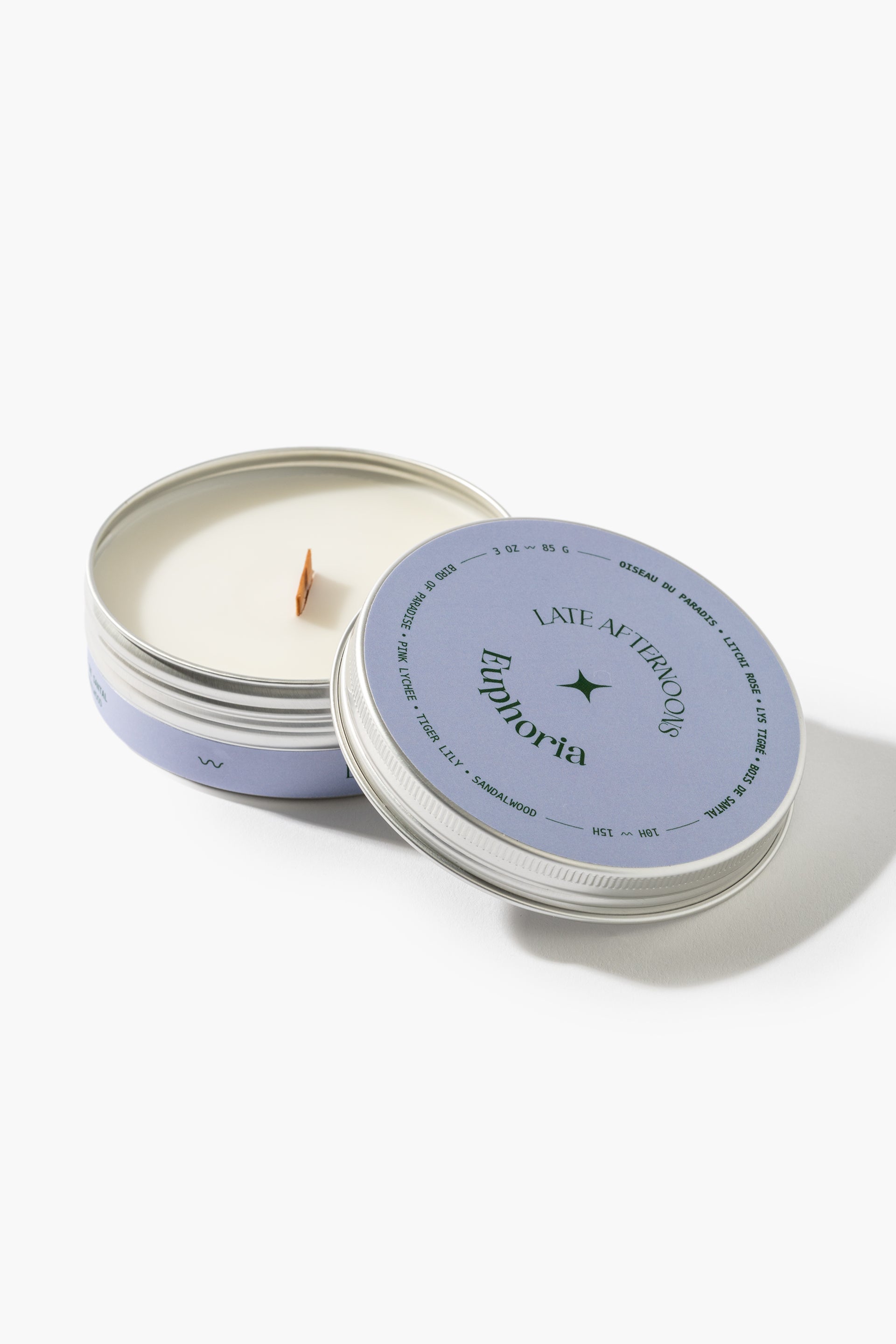 Bougie Euphoria en pot de 3 oz, couvercle lavande et mèche de bois, Late Afternoons
