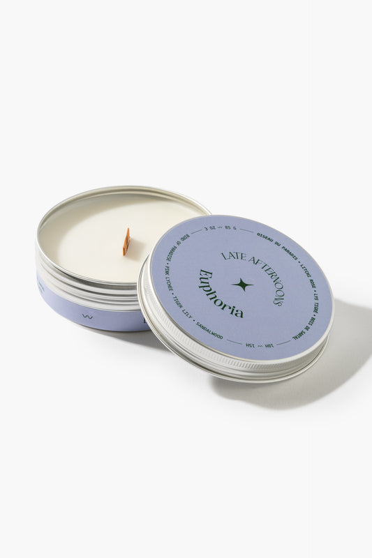 Bougie Euphoria en pot de 3 oz, couvercle lavande et mèche de bois, Late Afternoons