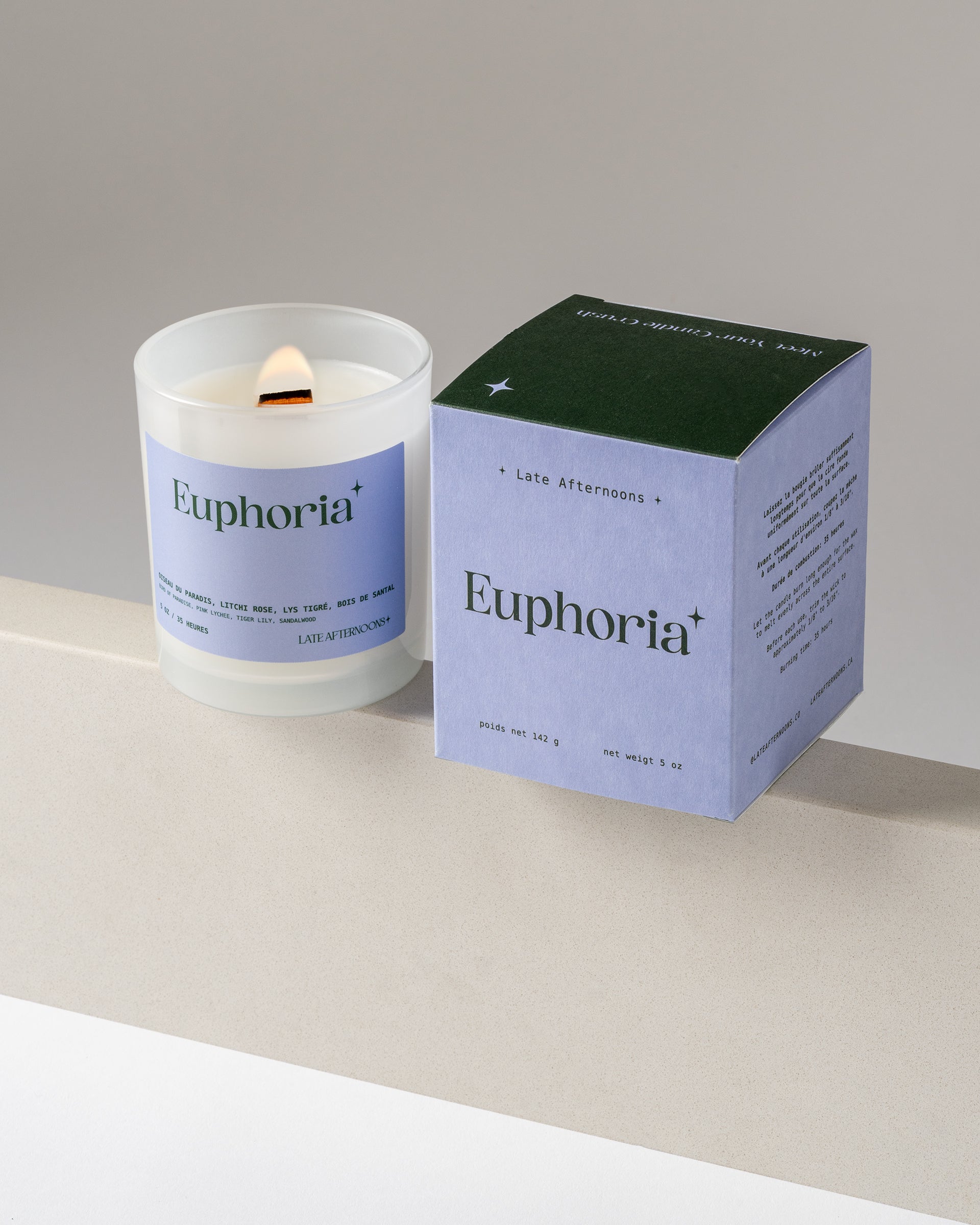 Bougie Euphoria et sa boîte, oiseau de paradis, litchi rose et lys tigré, bougie à mèche de bois en cire de coco et soya coulée à la main à Montréal
