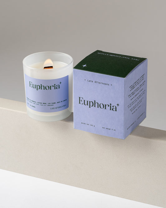 Euphoria candle and its box, bird of paradise, pink lychee and tiger lily, wood wick coconut soy candle hand-poured in Montréal