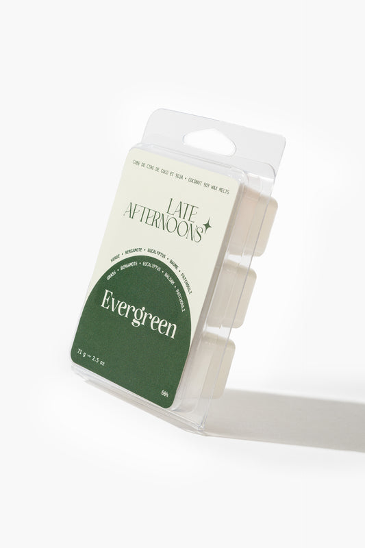 Fondants Evergreen en cire de coco et soya, herbe, bergamote, eucalyptus et patchouli, Late Afternoons