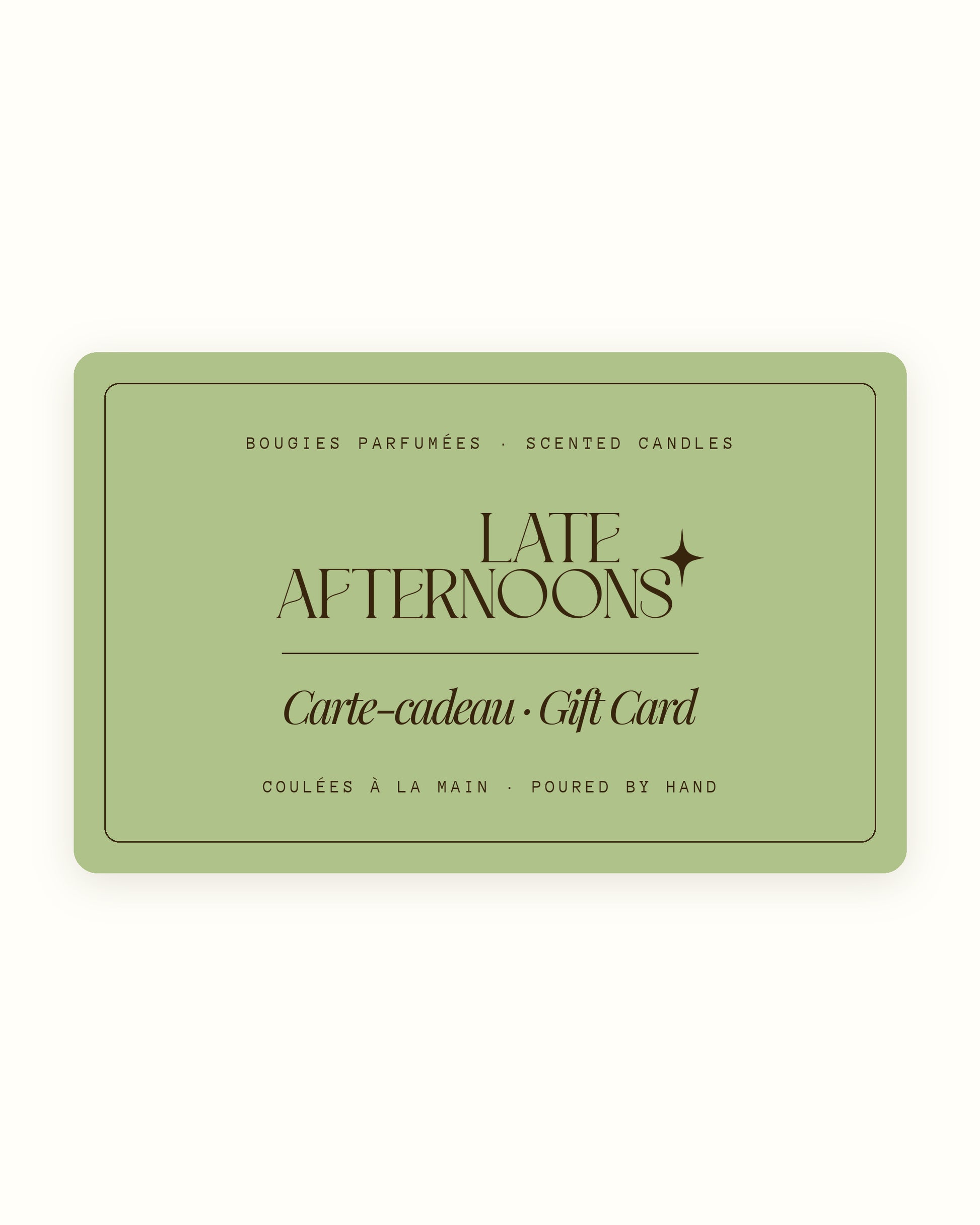 Late Afternoons gift card in sage green, delivered by email and valid on all our hand-poured candles