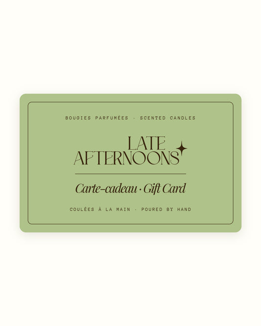 Carte-cadeau Late Afternoons vert sauge, envoyée par courriel et valide sur toutes nos bougies coulées à la main