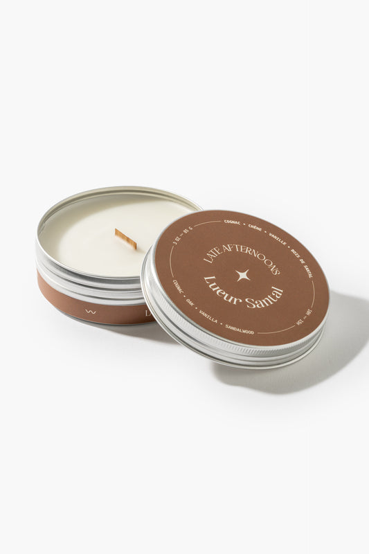 Bougie Lueur Santal en pot de 3 oz, couvercle brun et mèche de bois, Late Afternoons