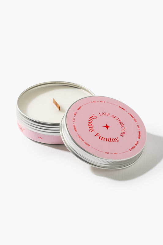 Sunday Funday 3 oz tin candle with a pink lid and wooden wick by Late Afternoons