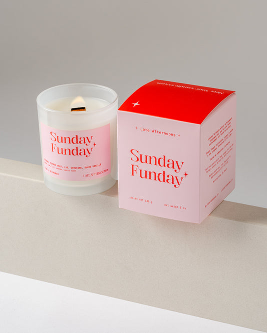 Sunday Funday candle and its box, vanilla, lemon, lime and lily, wood wick coconut soy candle hand-poured in Montréal
